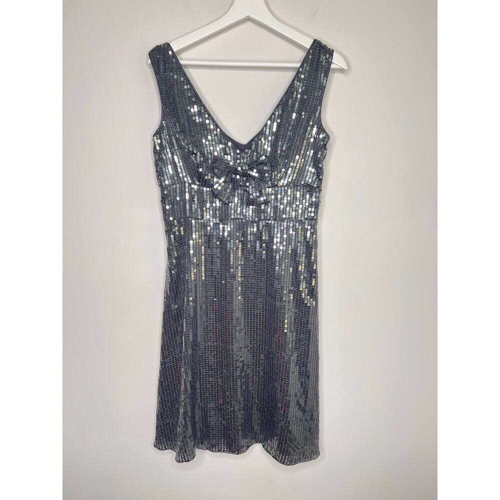 JS Collection Y2K Babydoll Silve Sequin Bow Mini Dress Women's Size 8